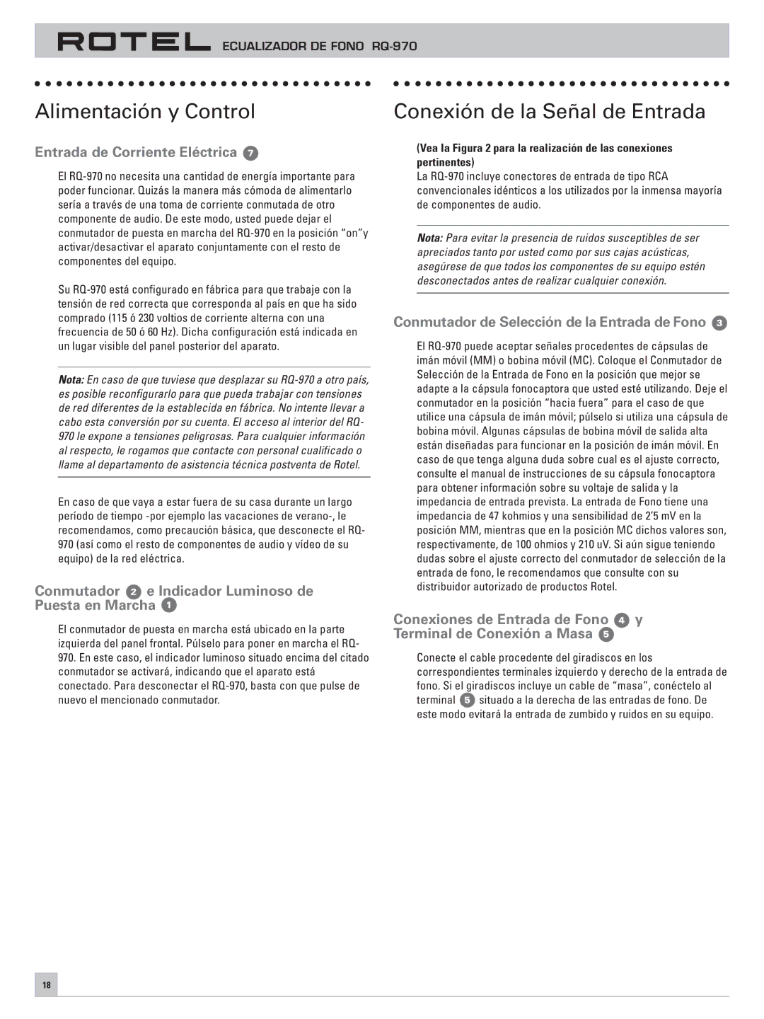 Rotel RQ-970 Entrada de Corriente Eléctrica, Conmutador 2 e Indicador Luminoso de Puesta en Marcha, Pertinentes 