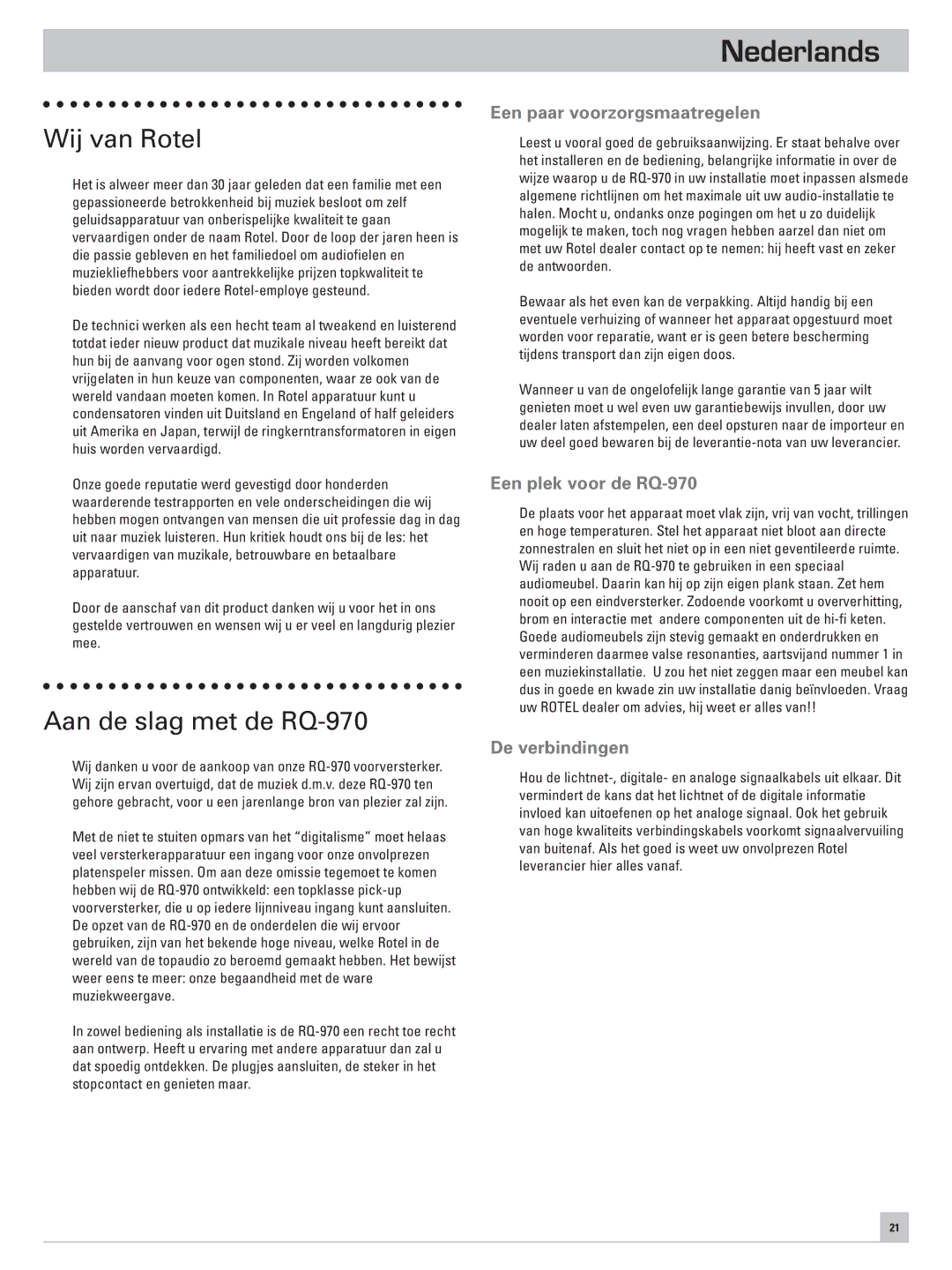 Rotel owner manual Nederlands, Wij van Rotel, Aan de slag met de RQ-970 