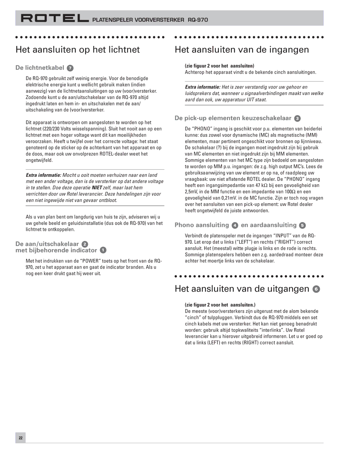 Rotel RQ-970 owner manual Het aansluiten op het lichtnet, Het aansluiten van de ingangen, Het aansluiten van de uitgangen 