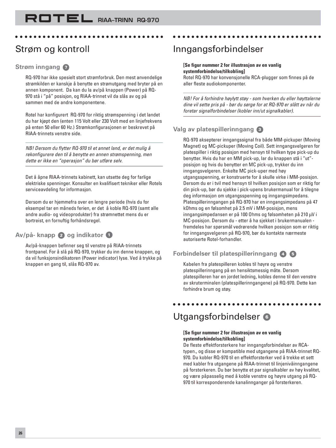 Rotel RQ-970 owner manual Strøm og kontroll, Inngangsforbindelser, Utgangsforbindelser 