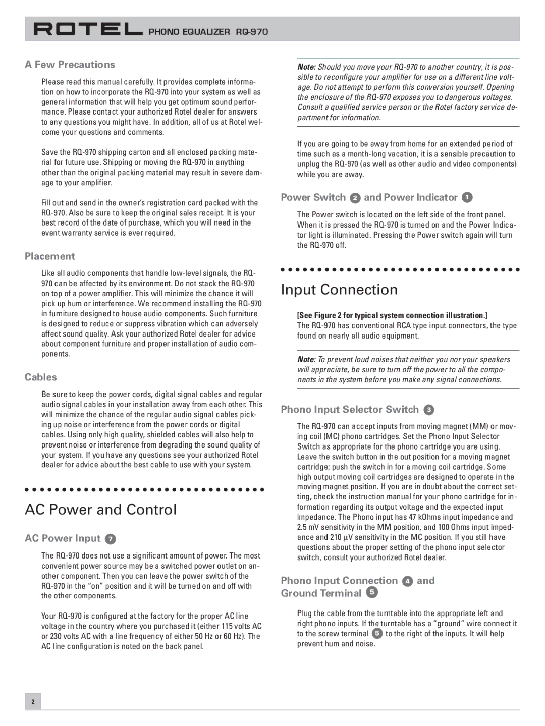 Rotel RQ-970 owner manual AC Power and Control, Input Connection 