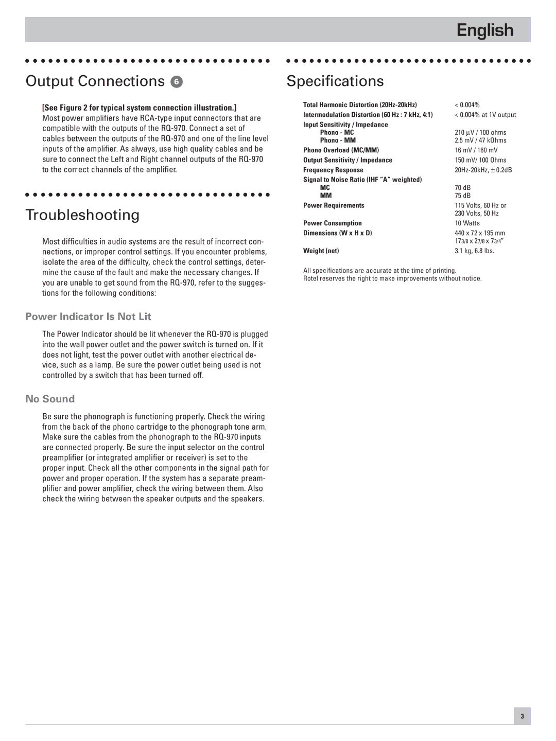 Rotel RQ-970 owner manual Output Connections, Troubleshooting, Specifications, Power Indicator Is Not Lit, No Sound 