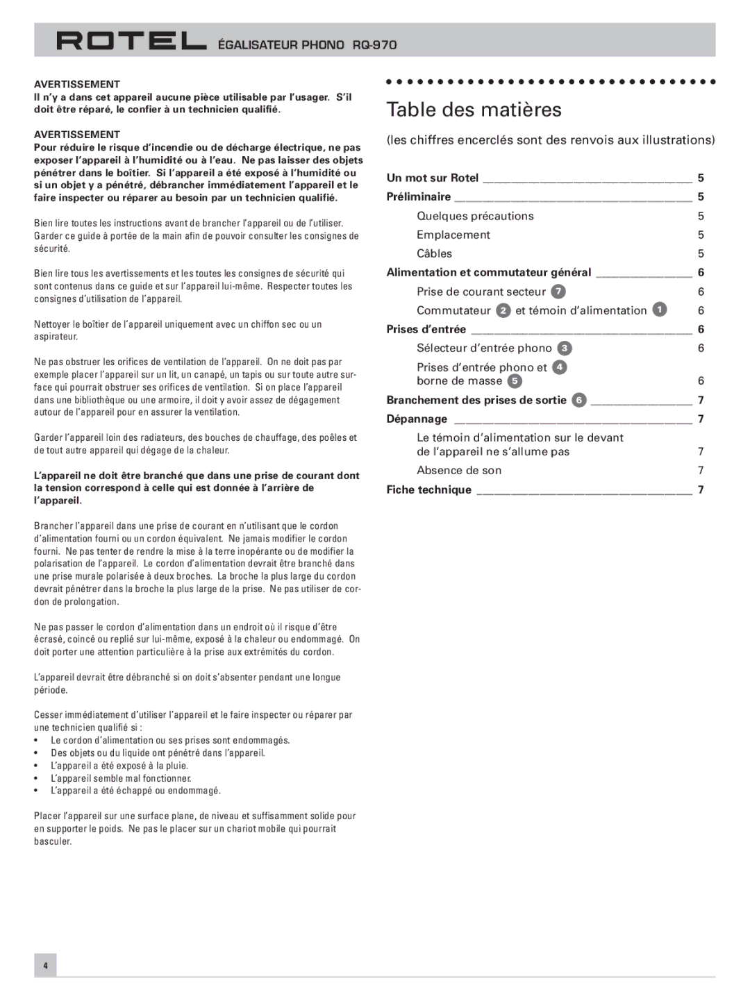 Rotel RQ-970 owner manual Table des matières 