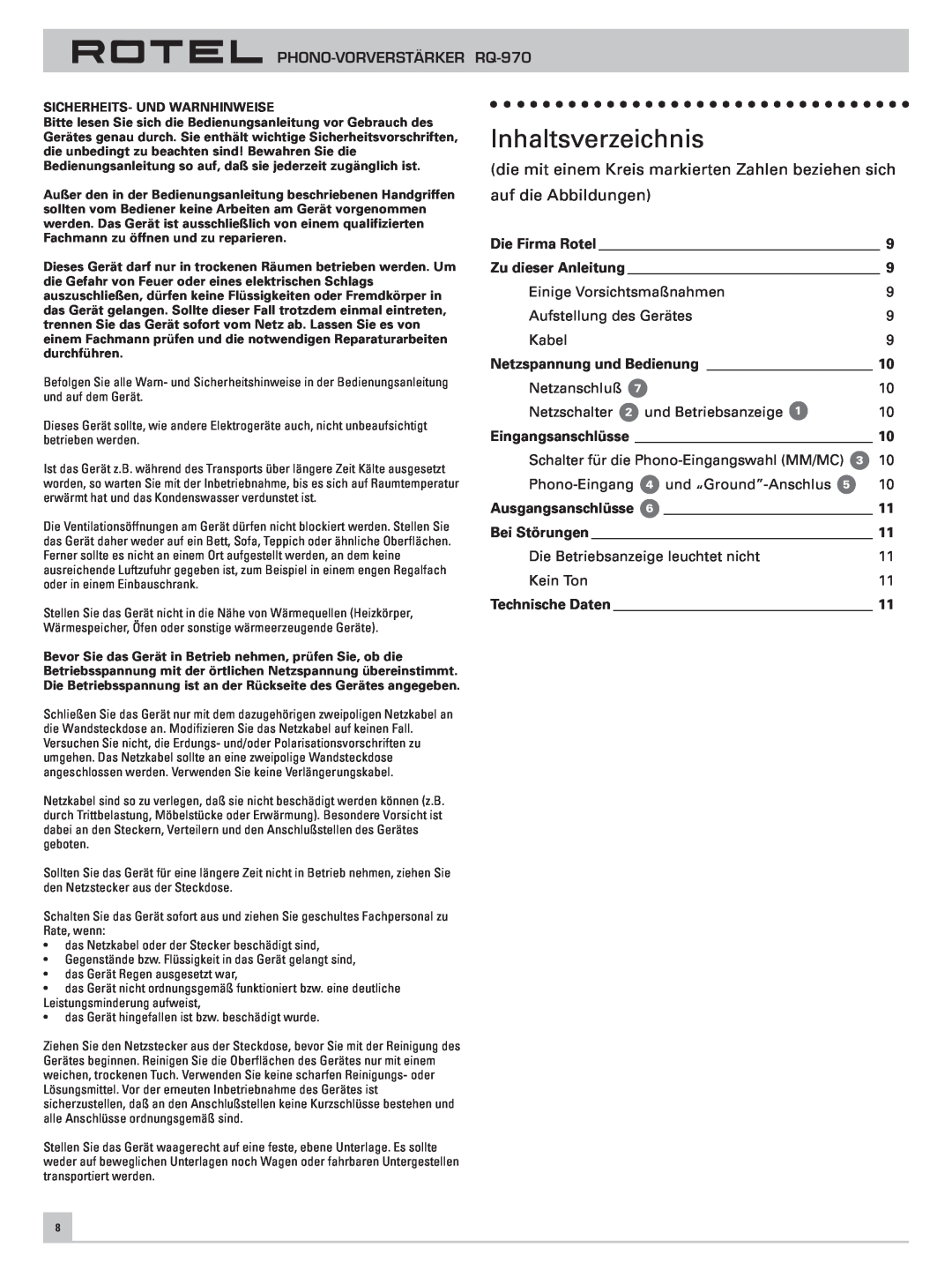 Rotel RQ-970 owner manual Inhaltsverzeichnis, auf die Abbildungen 