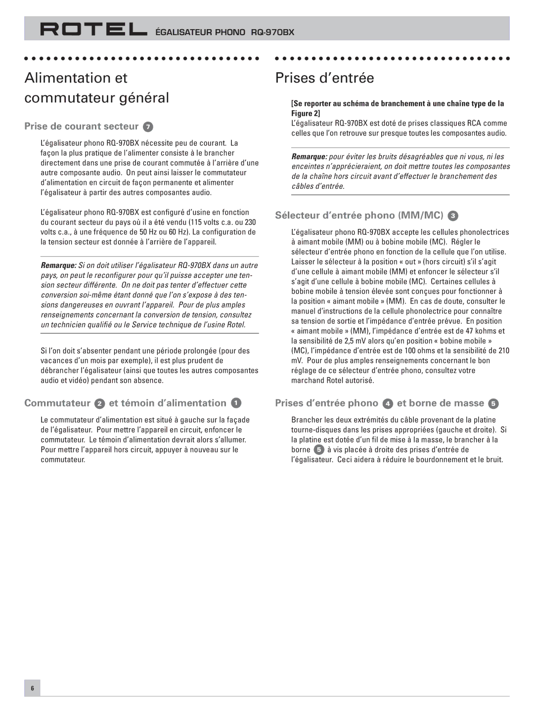 Rotel RQ-970BX owner manual Alimentation et commutateur général, Prises d’entrée 