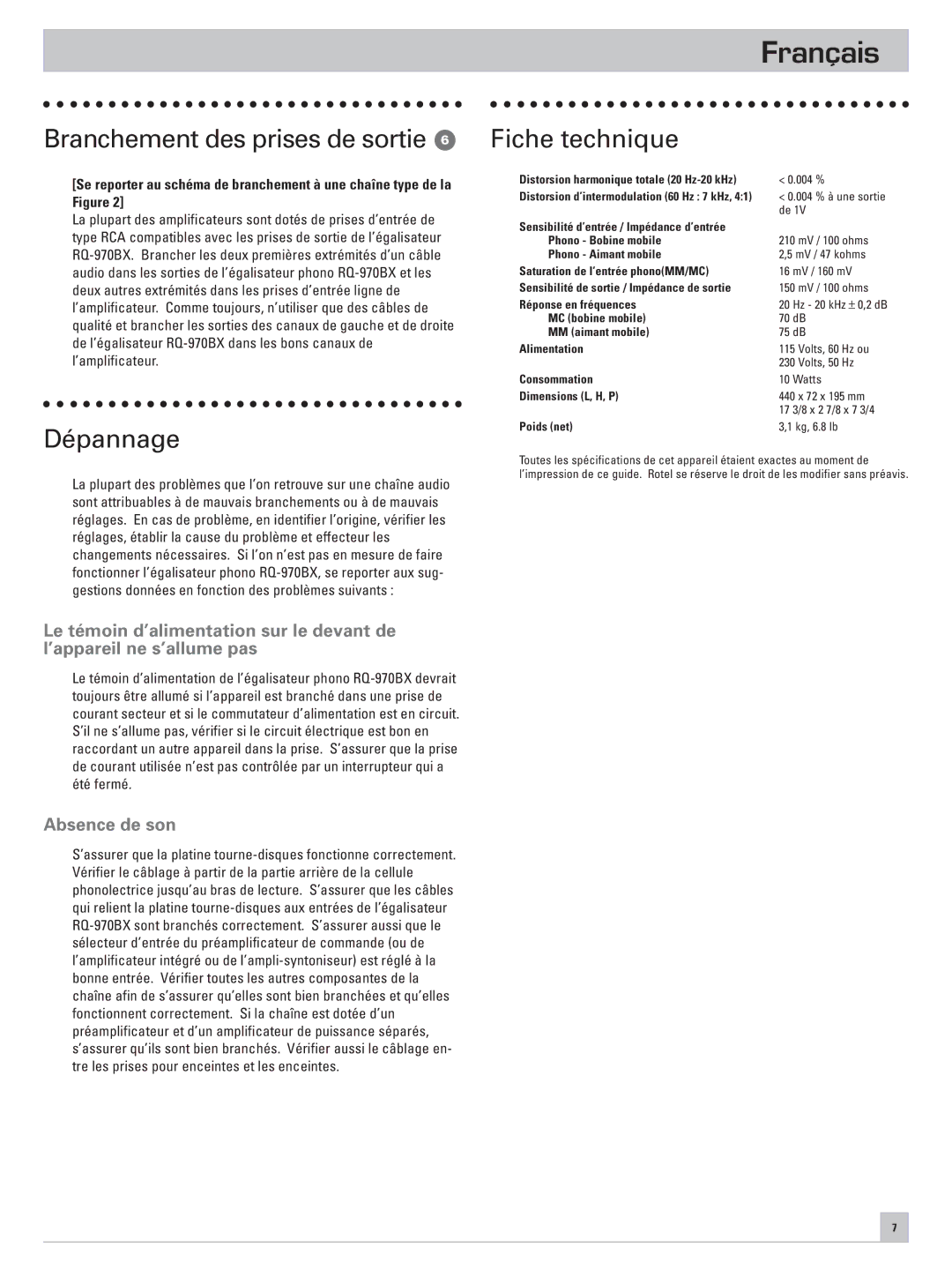 Rotel RQ-970BX owner manual Branchement des prises de sortie, Dépannage, Fiche technique, Absence de son 