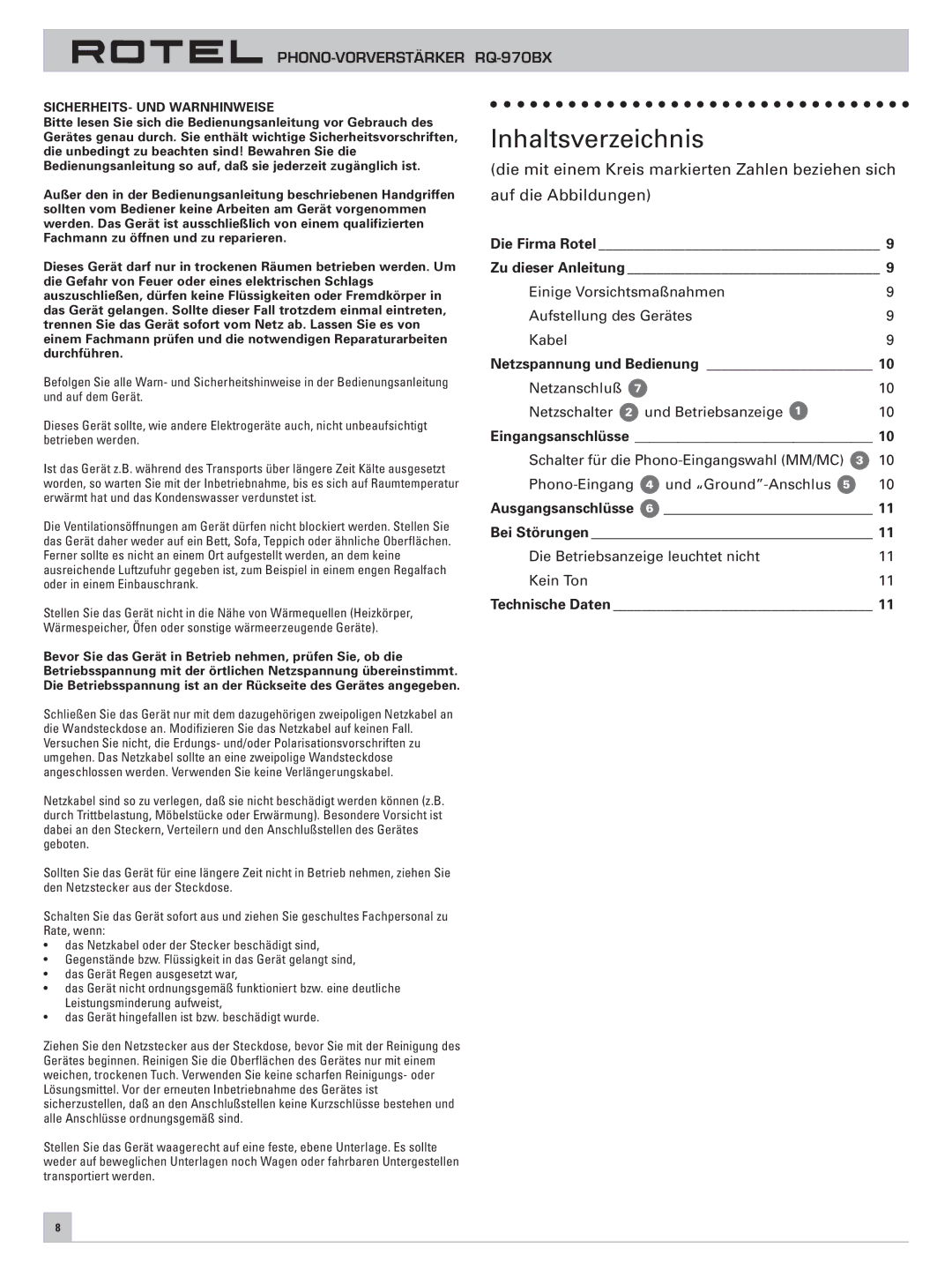 Rotel RQ-970BX owner manual Inhaltsverzeichnis 