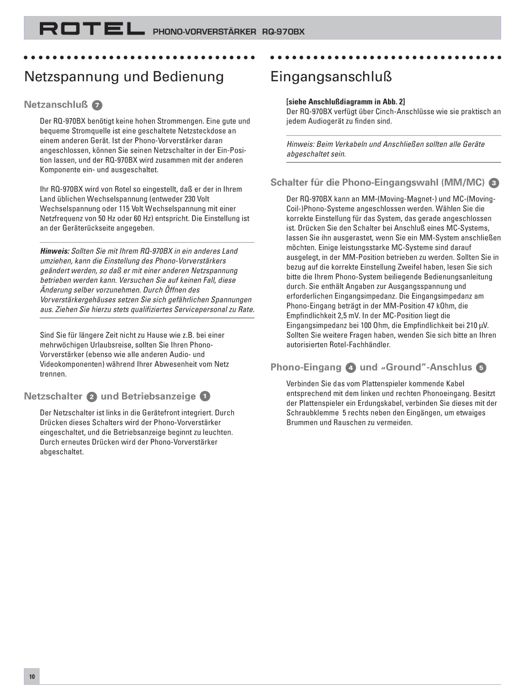 Rotel RQ-970BX owner manual Netzspannung und Bedienung, Eingangsanschluß 