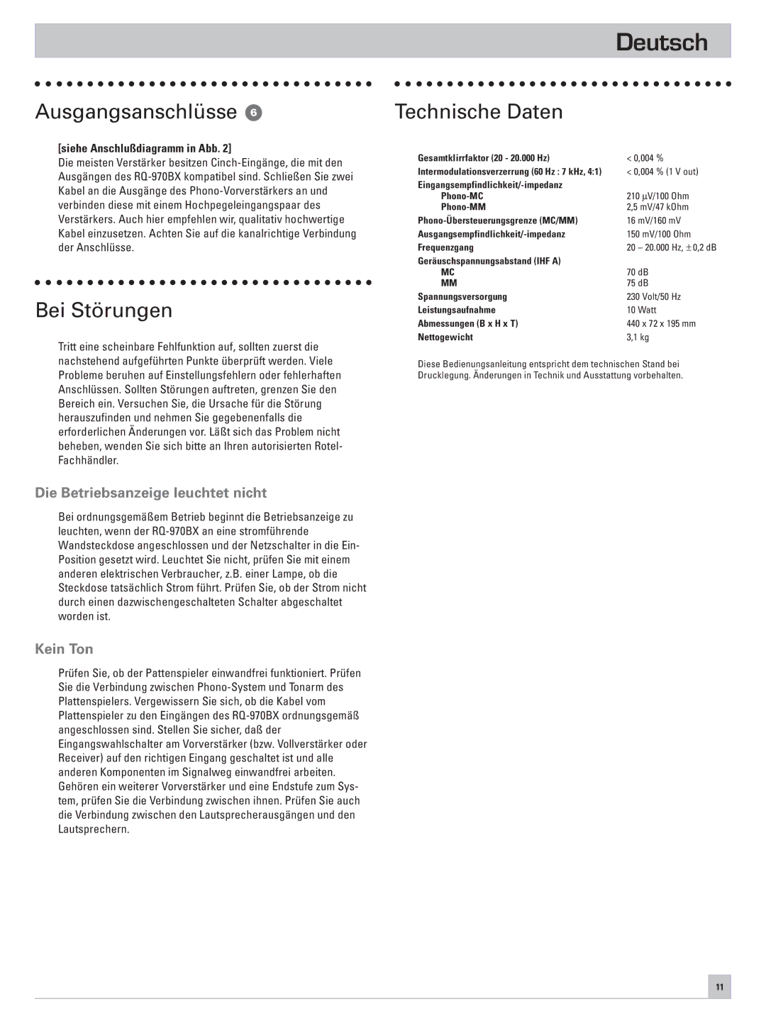 Rotel RQ-970BX Ausgangsanschlüsse, Bei Störungen, Technische Daten, Die Betriebsanzeige leuchtet nicht, Kein Ton 