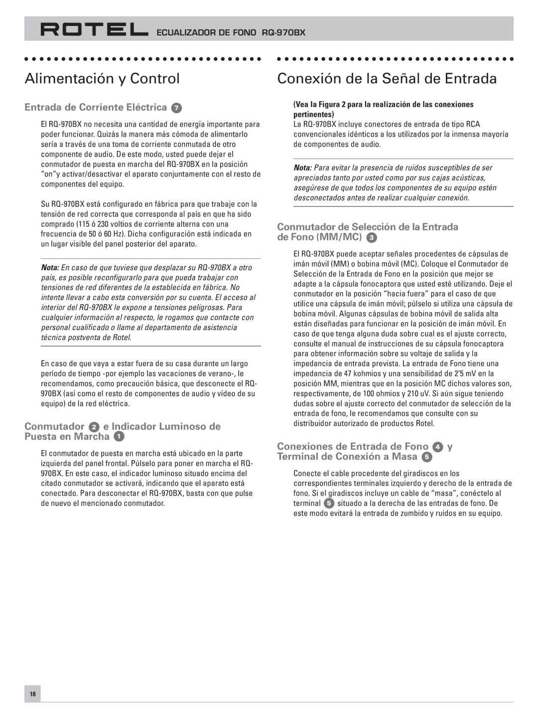 Rotel RQ-970BX Entrada de Corriente Eléctrica, Conmutador 2 e Indicador Luminoso de Puesta en Marcha, Pertinentes 