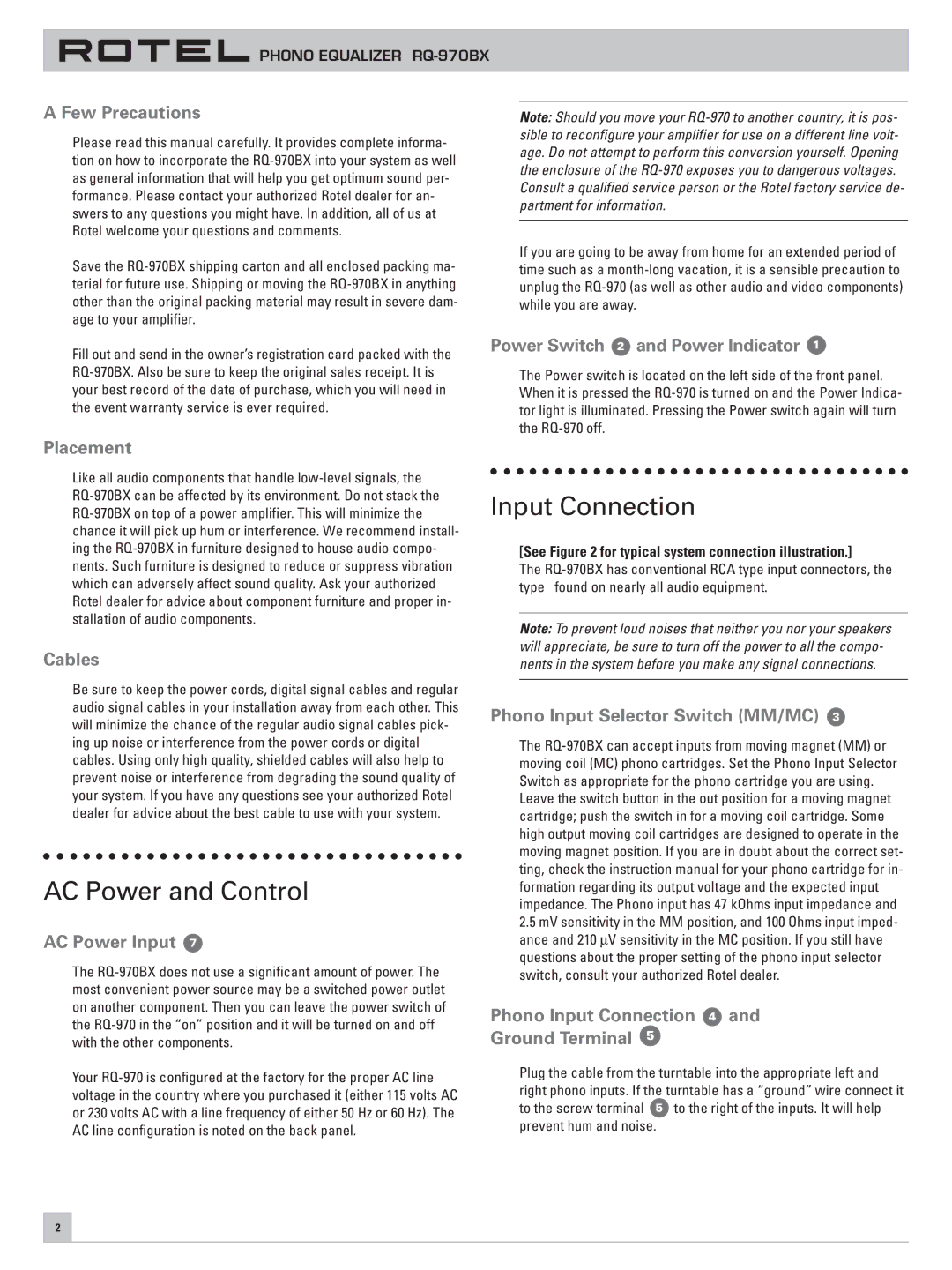 Rotel RQ-970BX owner manual AC Power and Control, Input Connection 