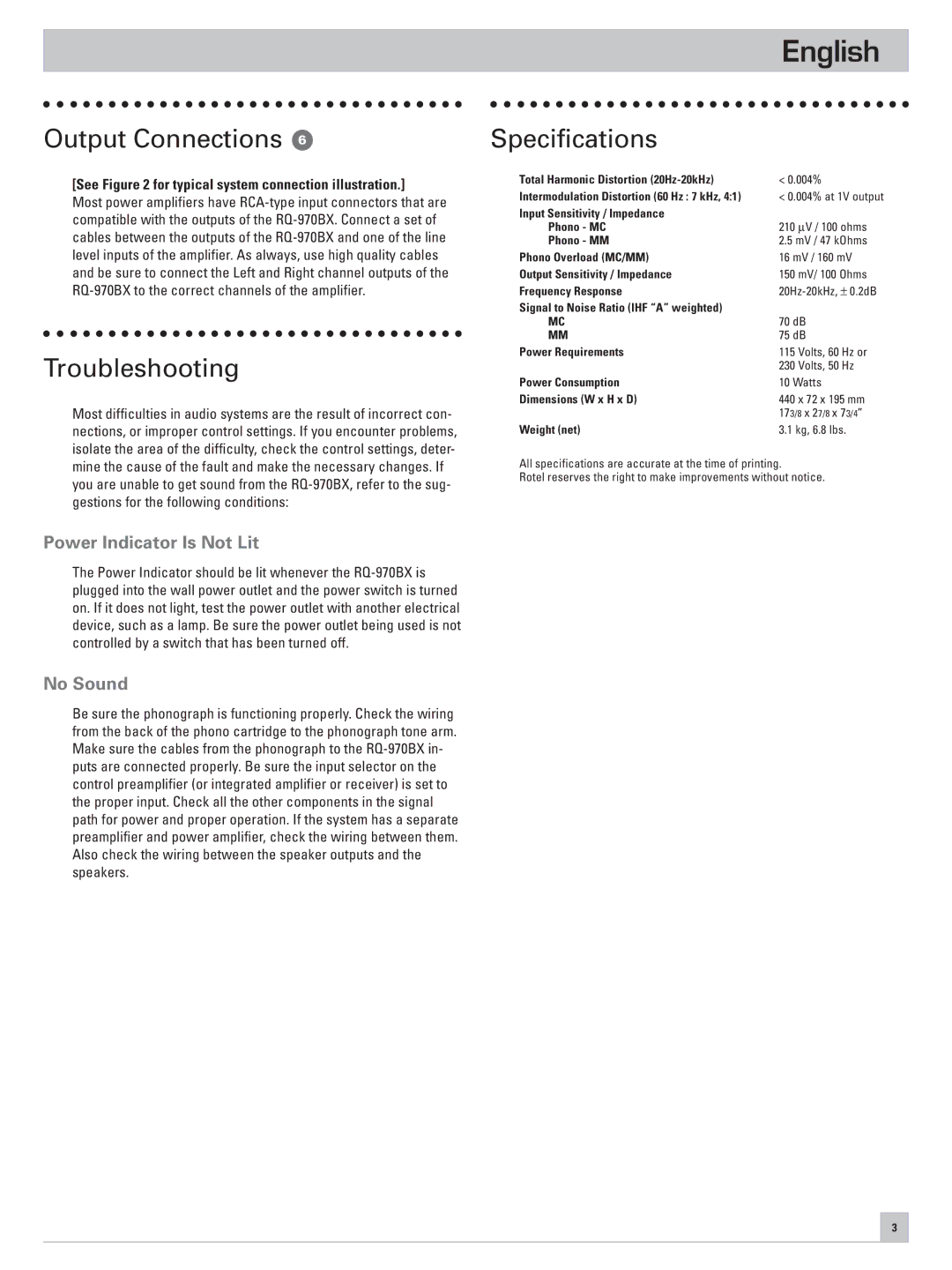 Rotel RQ-970BX owner manual Output Connections, Troubleshooting, Specifications, Power Indicator Is Not Lit, No Sound 