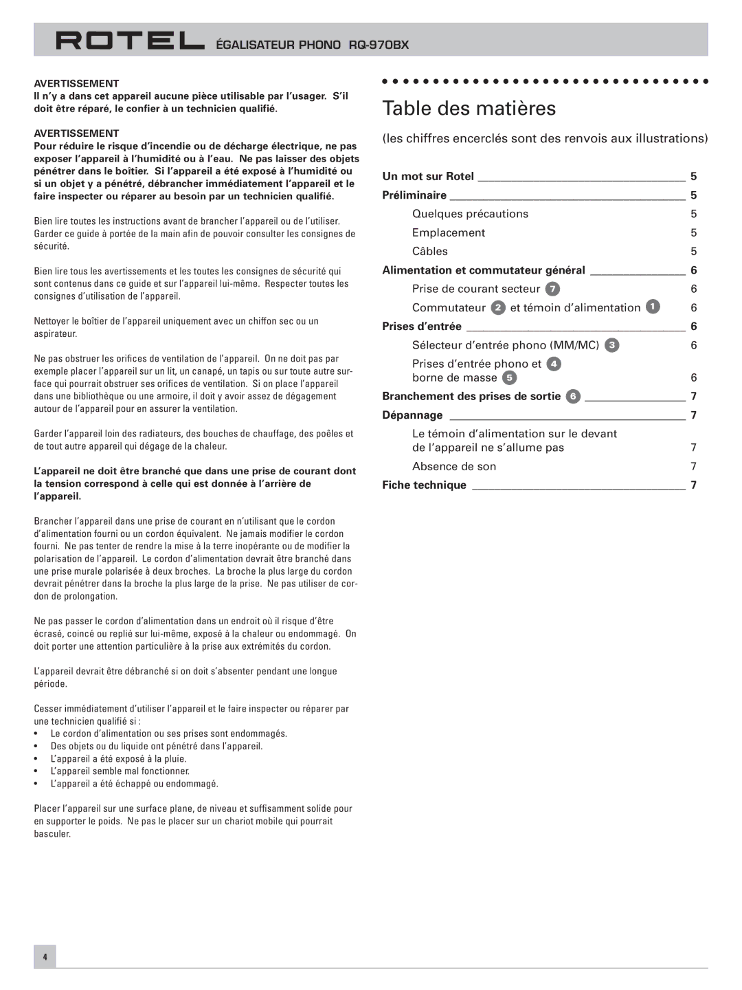 Rotel RQ-970BX owner manual Table des matières 