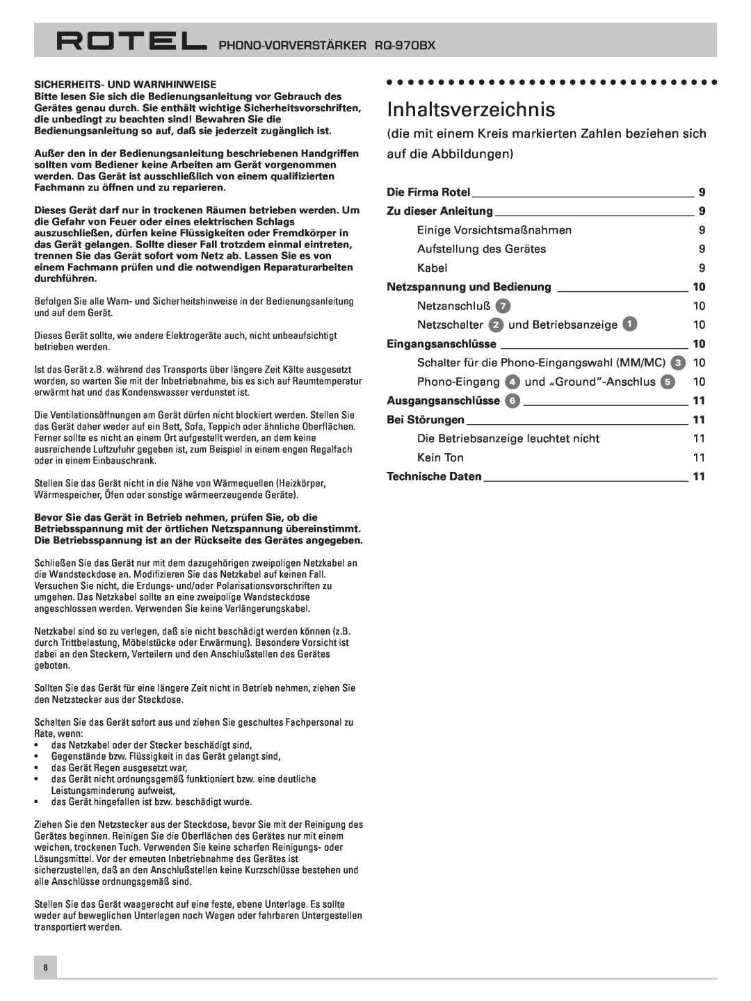Rotel RQ-970BX owner manual Inhaltsverzeichnis, auf die Abbildungen 