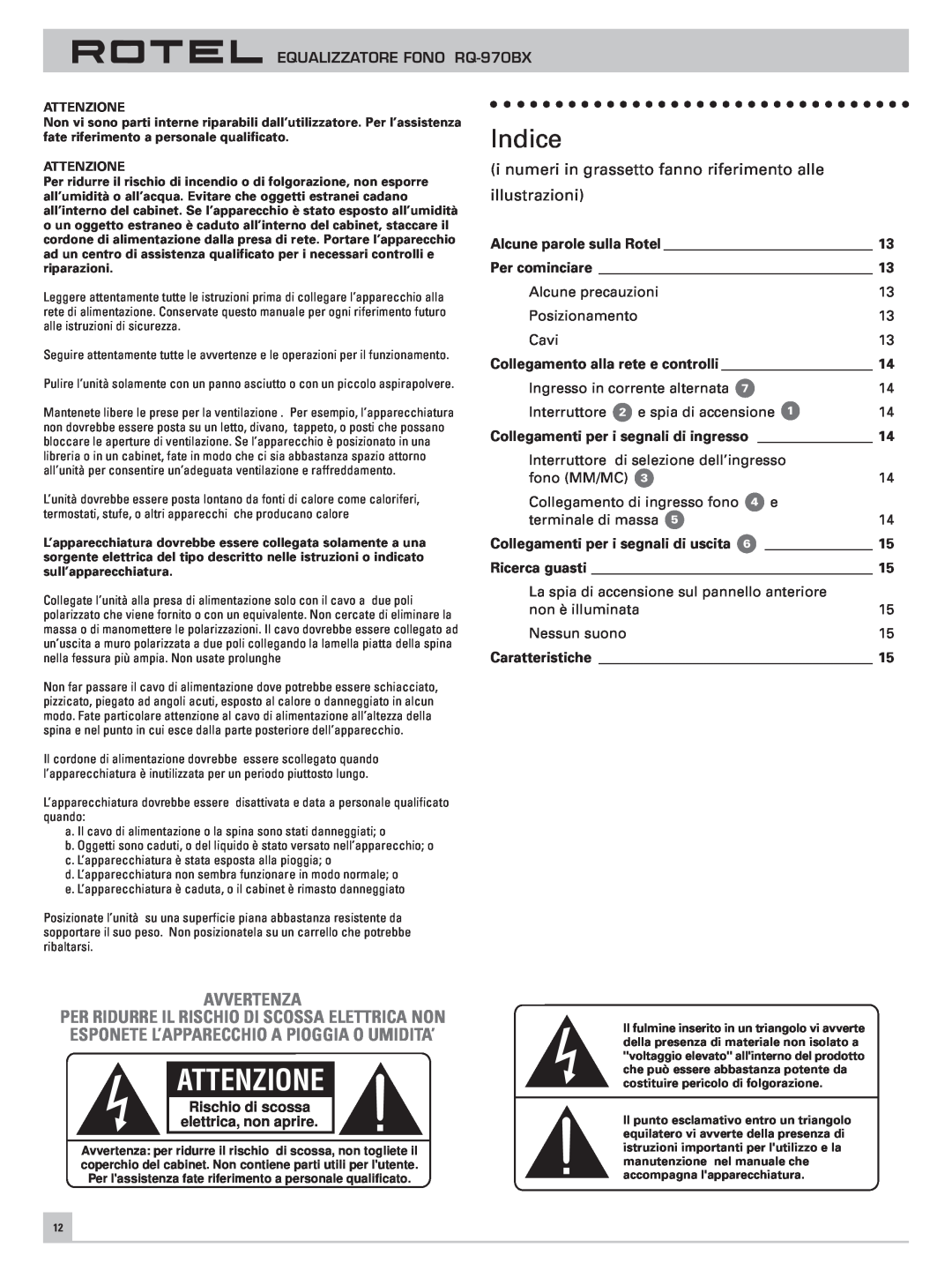 Rotel RQ-970BX owner manual Indice, Avvertenza, i numeri in grassetto fanno riferimento alle, illustrazioni, Attenzione 