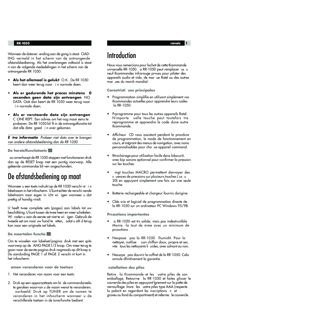 Rotel RR-1050 De herstelfunctietoets, De meertalen functie, Namen veranderen voor de toetsen, CaractŽristiques principales 