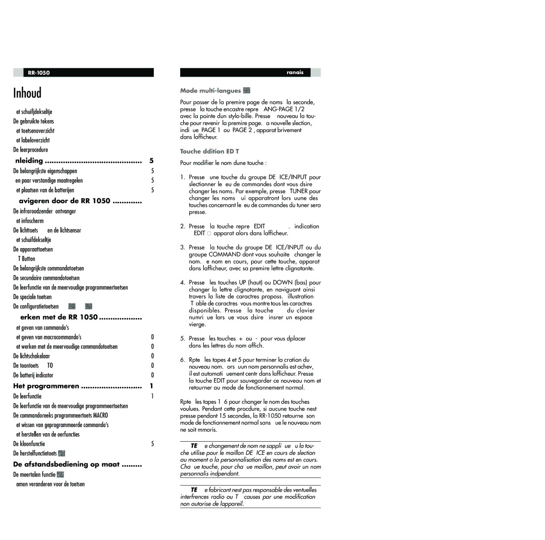 Rotel RR-1050 owner manual Inhoud 