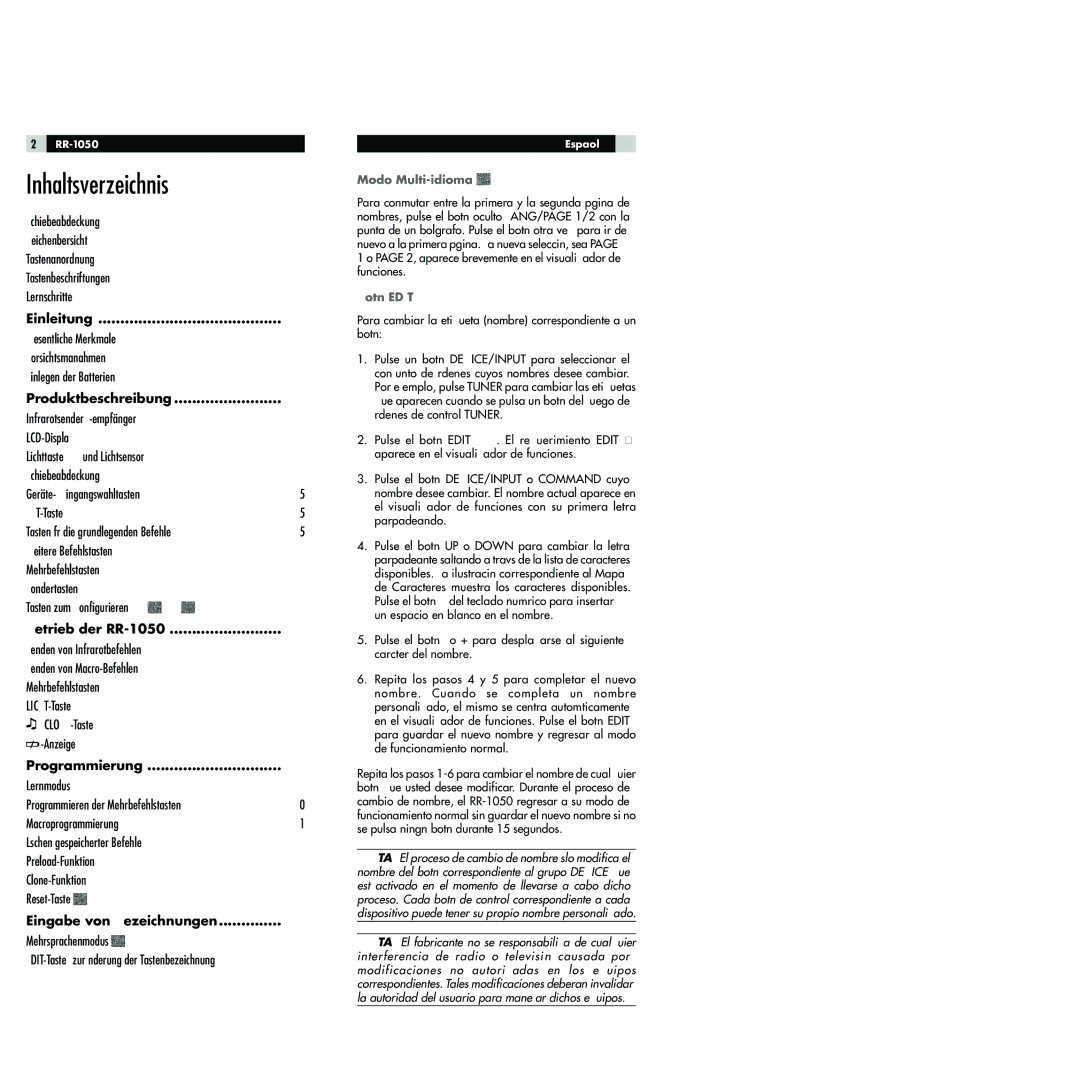 Rotel RR-1050 owner manual Inhaltsverzeichnis 