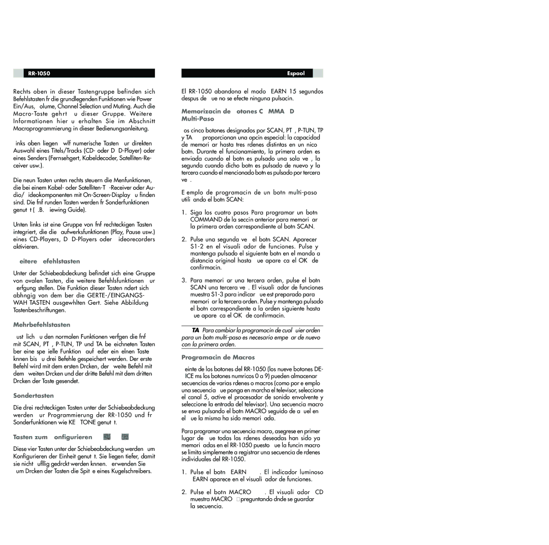 Rotel RR-1050 Weitere Befehlstasten, Mehrbefehlstasten, Sondertasten, Tasten zum Konfigurieren, Programaci-n de Macros 