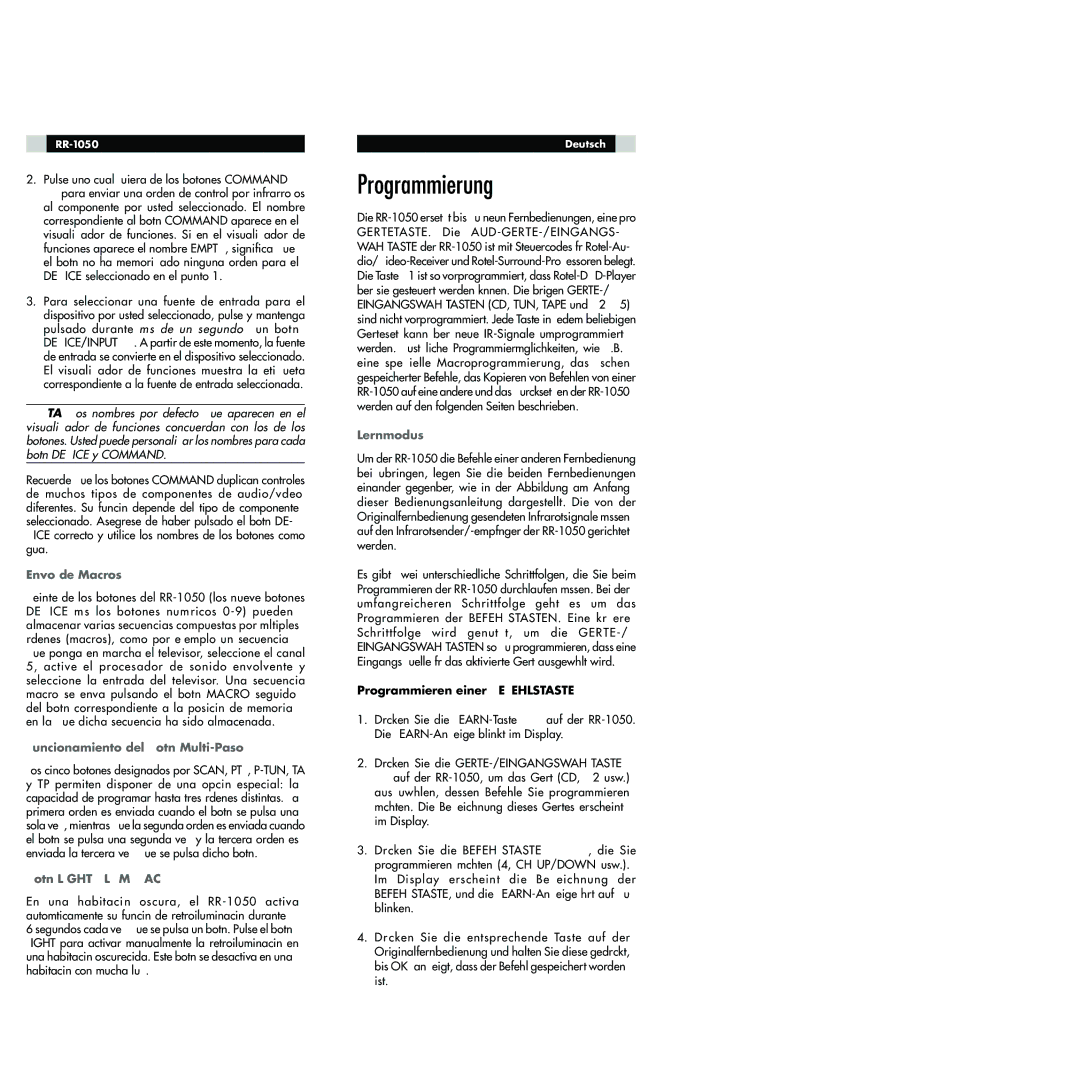 Rotel RR-1050 Programmierung, Env’o de Macros, Funcionamiento del Bot-n Multi-Paso, Bot-n Light Òiluminacionó, Lernmodus 