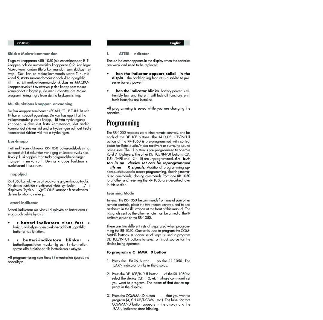 Rotel RR-1050 owner manual Programming 