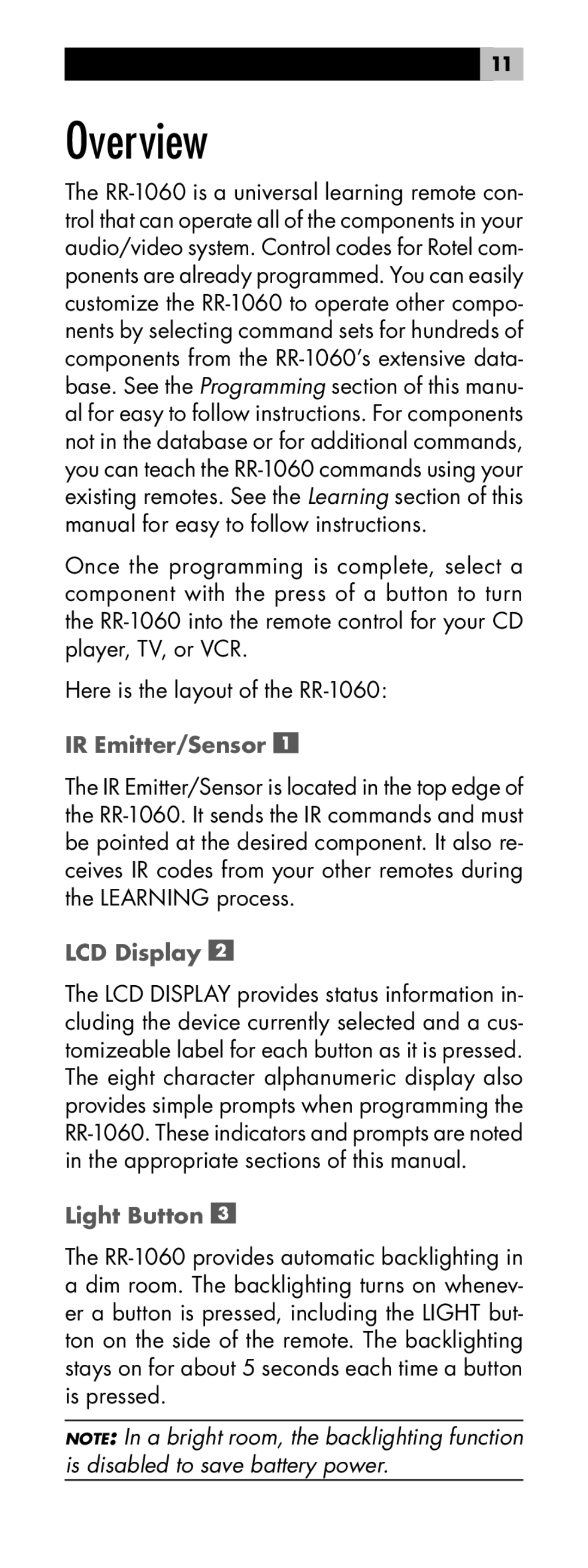 Rotel RR-1060 manual Overview, IR Emitter/Sensor, LCD Display, Light Button 