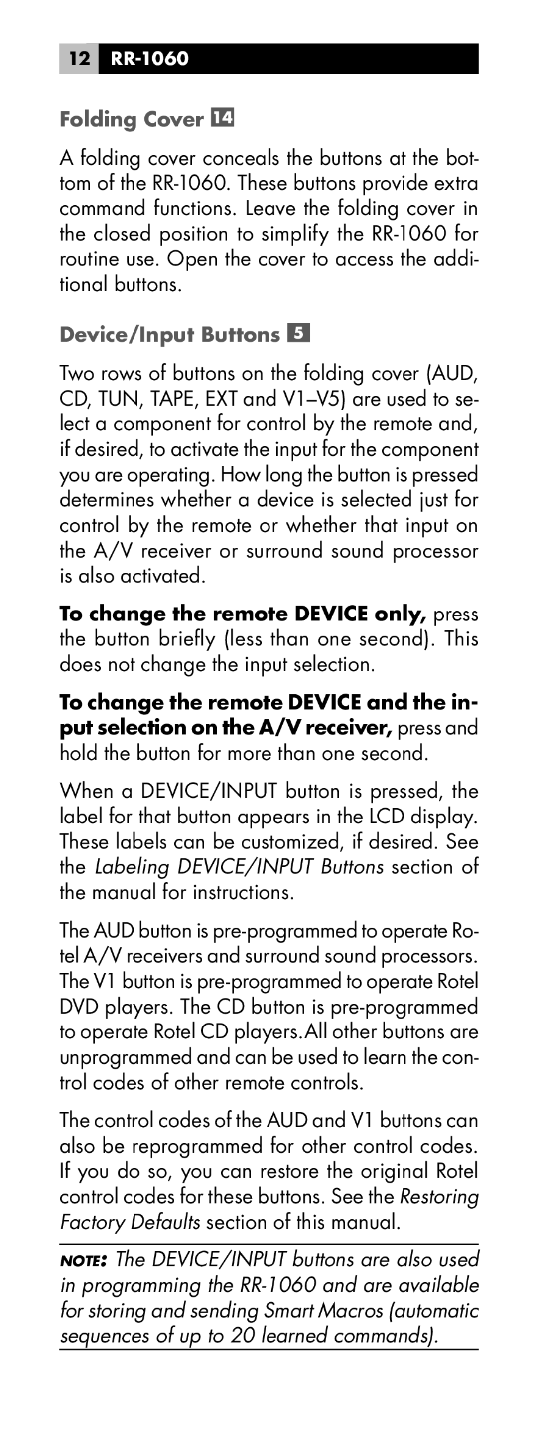 Rotel RR-1060 manual Folding Cover, Device/Input Buttons 