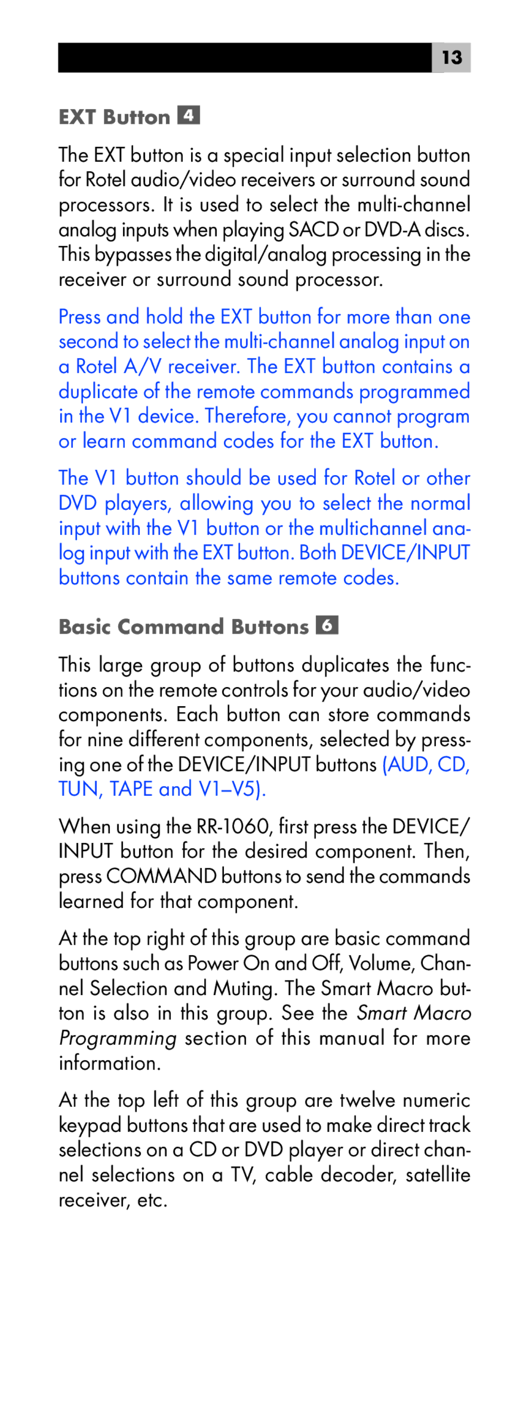 Rotel RR-1060 manual EXT Button, Basic Command Buttons 