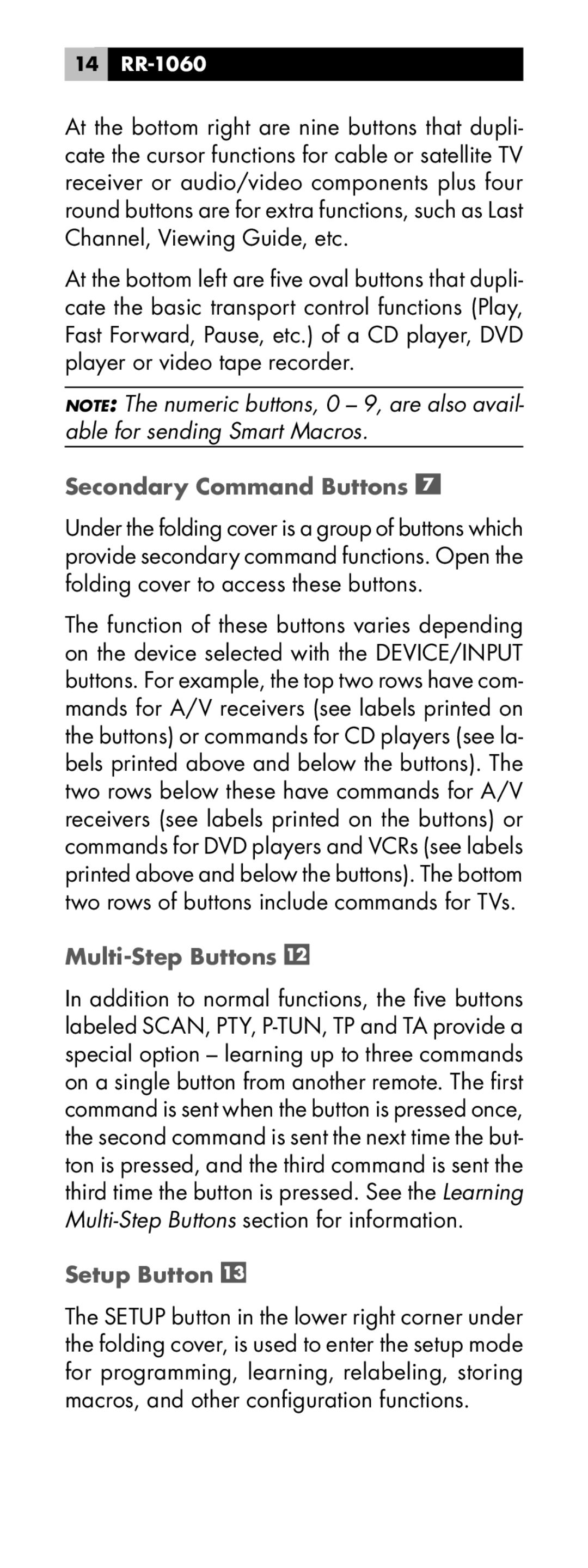 Rotel RR-1060 manual Secondary Command Buttons, Multi-Step Buttons, Setup Button 