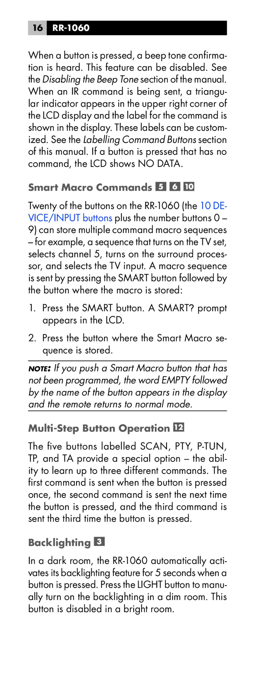 Rotel RR-1060 manual Smart Macro Commands, Multi-Step Button Operation, Backlighting 