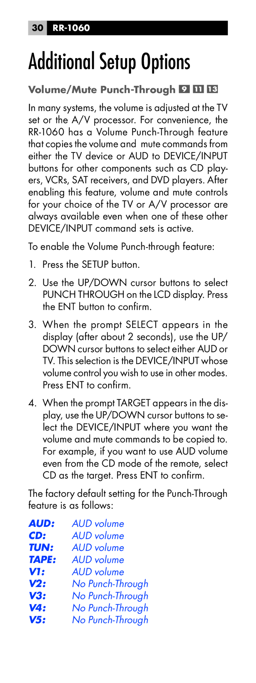 Rotel RR-1060 manual Additional Setup Options, Volume/Mute Punch-Through 