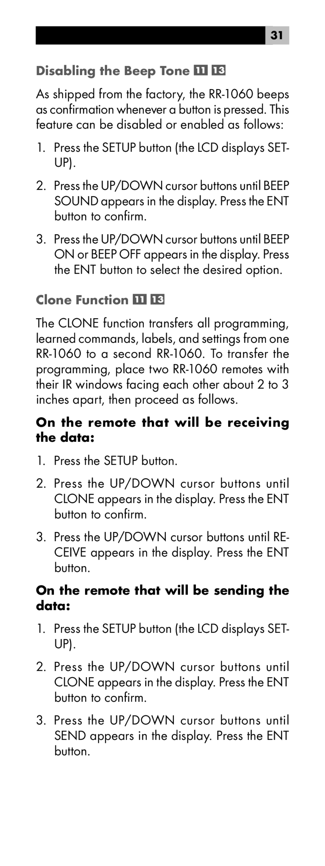 Rotel RR-1060 manual Disabling the Beep Tone, Clone Function 