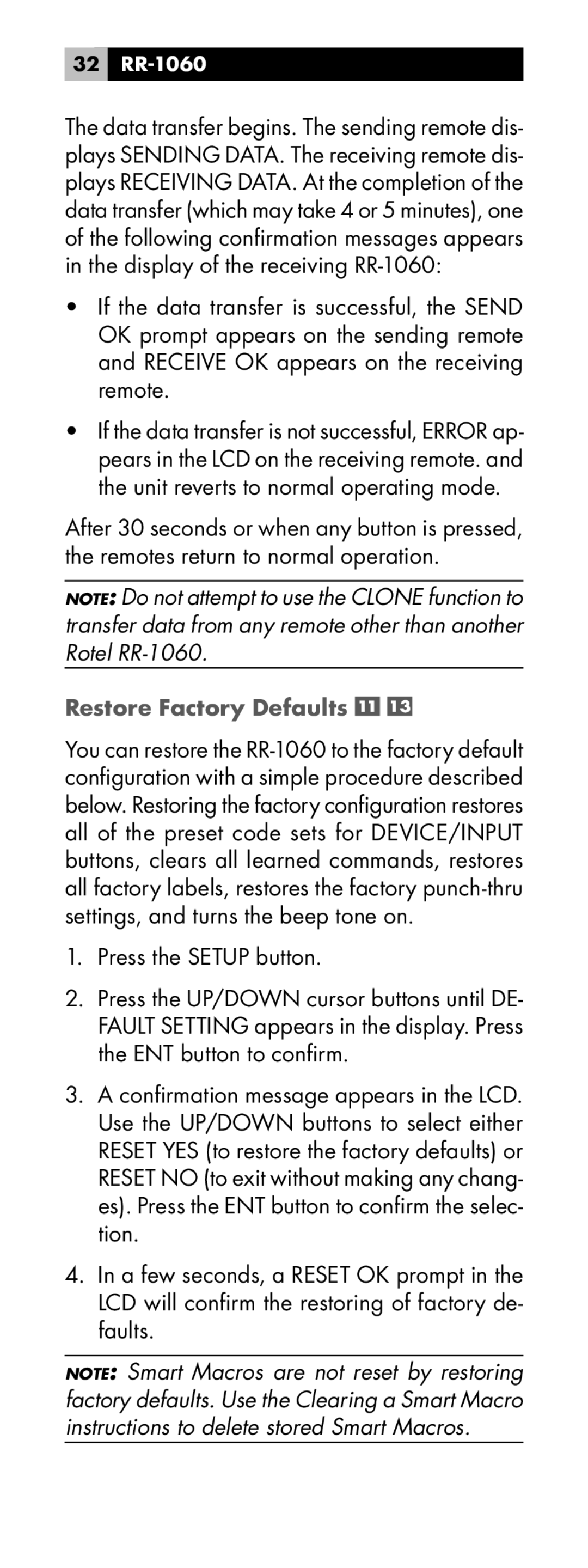 Rotel manual Restore Factory Defaults, 32 RR-1060 