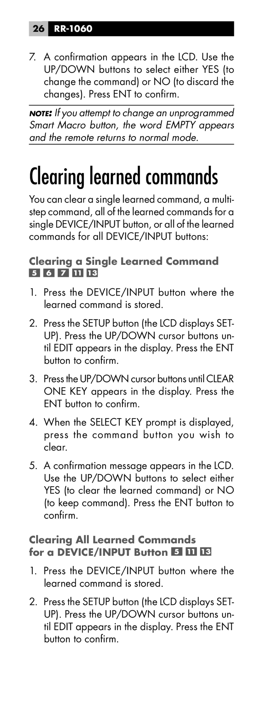 Rotel RR-1060 manual Clearing learned commands, Clearing a Single Learned Command 