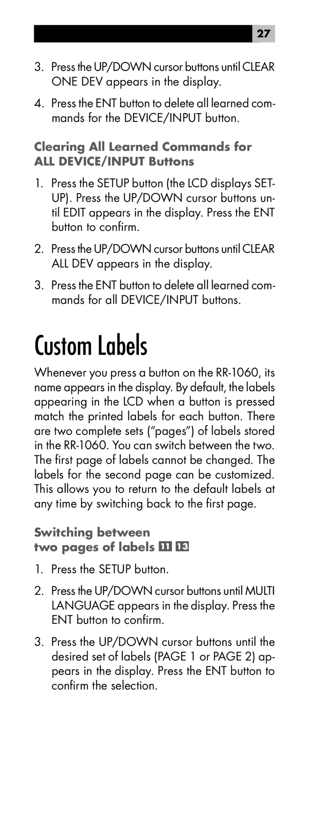 Rotel RR-1060 manual Custom Labels, Clearing All Learned Commands for ALL DEVICE/INPUT Buttons 