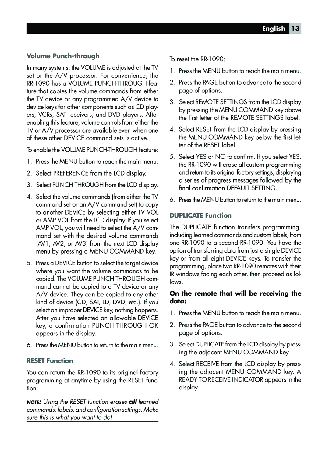 Rotel RR-1090 Volume Punch-through, Reset Function, Duplicate Function, On the remote that will be receiving the data 