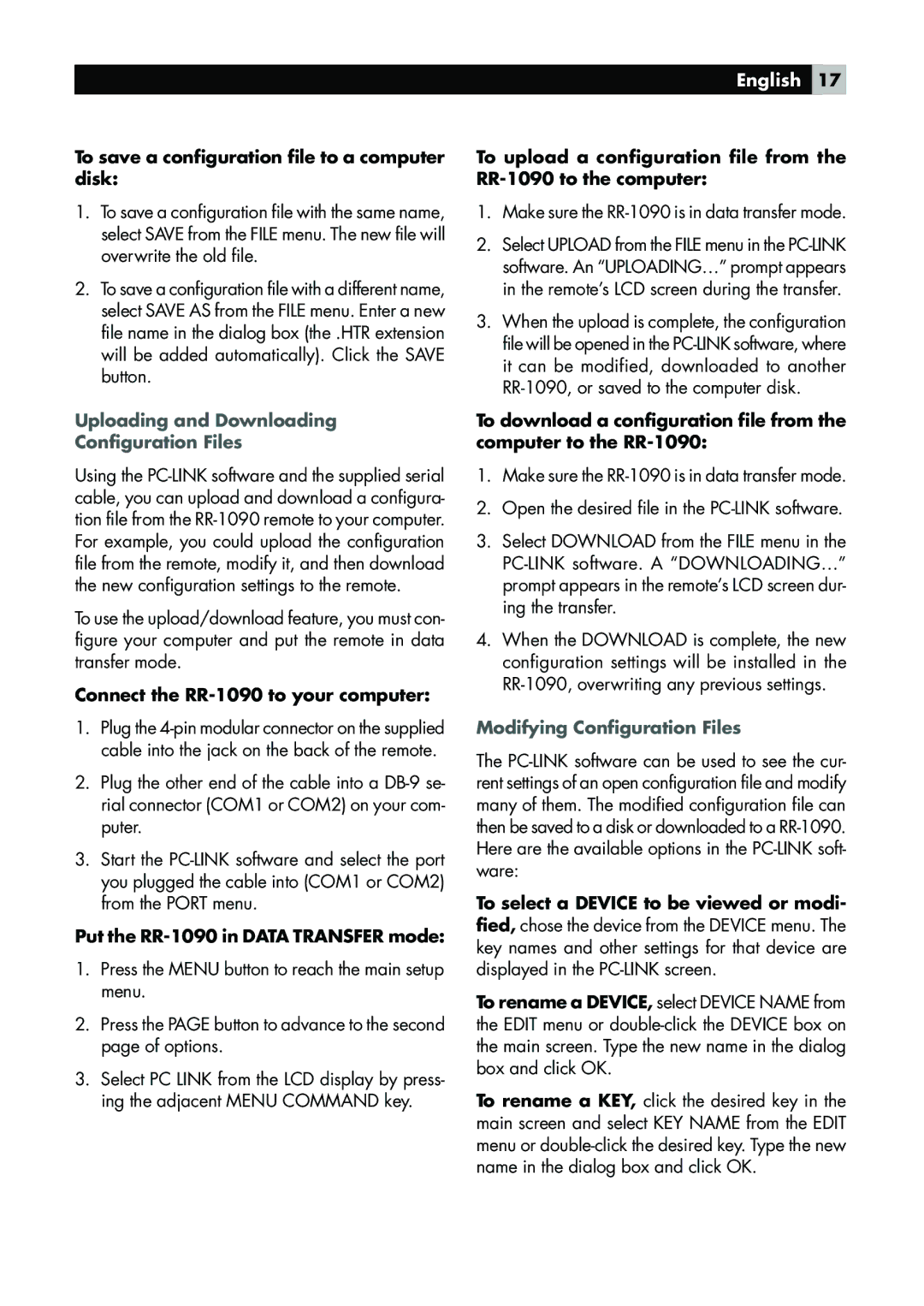 Rotel RR-1090 owner manual To save a configuration file to a computer disk, Uploading and Downloading Configuration Files 