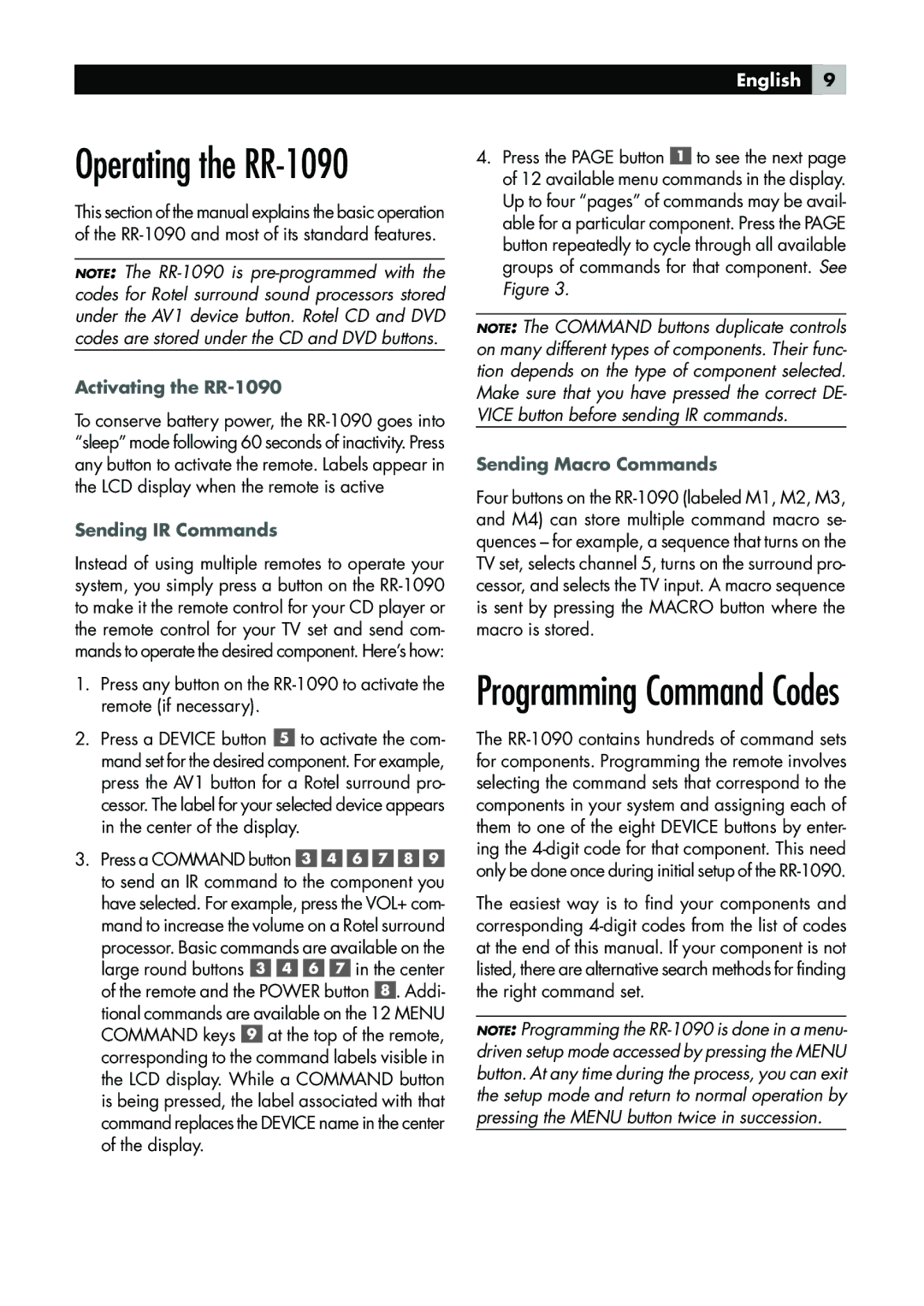 Rotel owner manual Activating the RR-1090, Sending IR Commands, Sending Macro Commands 