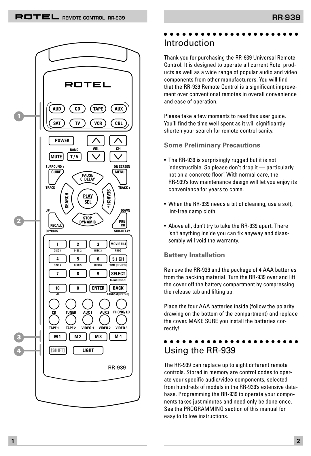 Rotel owner manual Introduction, Using the RR-939, Some Preliminary Precautions, Battery Installation 