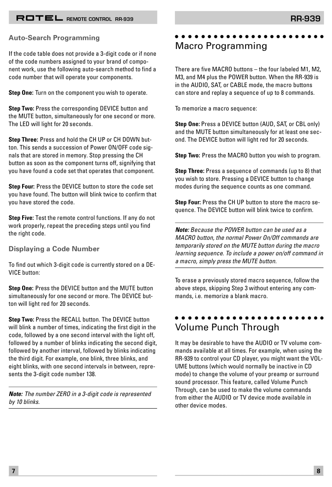 Rotel RR-939 owner manual Macro Programming, Volume Punch Through, Auto-Search Programming, Displaying a Code Number 