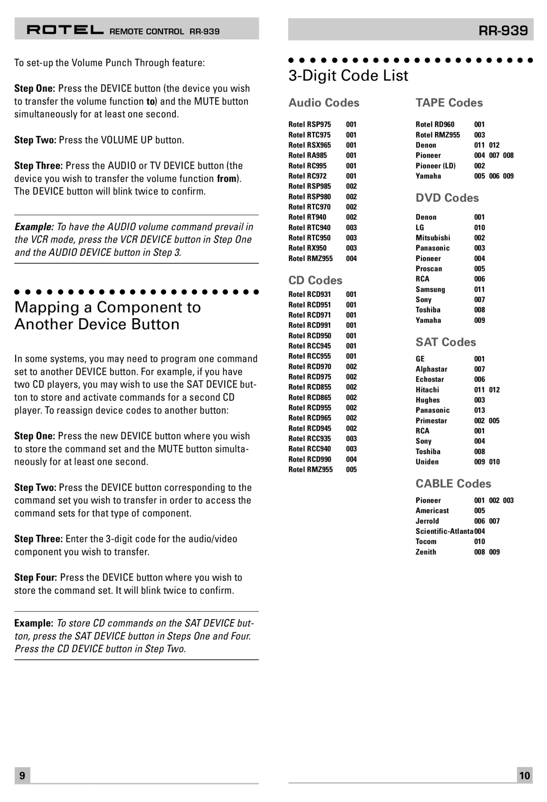 Rotel RR-939 owner manual Mapping a Component to Another Device Button, Digit Code List 