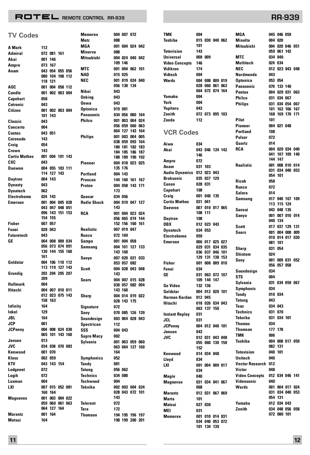 Rotel RR-939 owner manual TV Codes, VCR Codes 