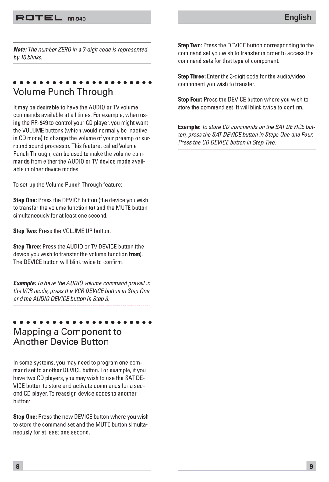 Rotel RR-949 Volume Punch Through, Mapping a Component to Another Device Button, Step Two Press the Volume UP button 