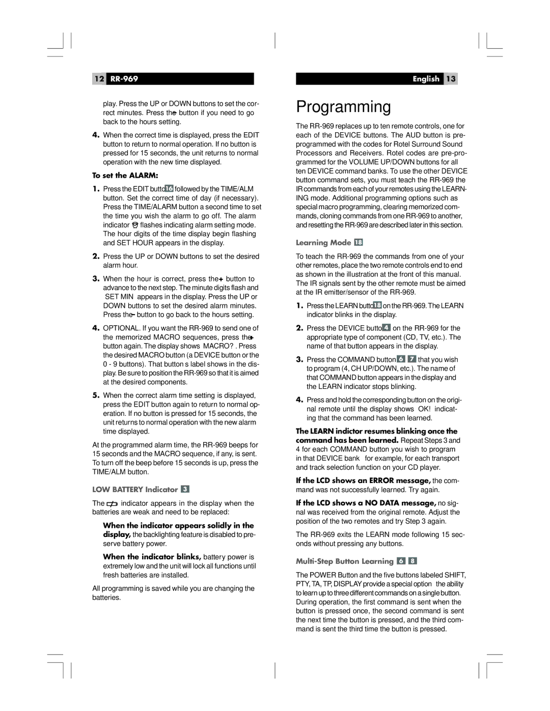Rotel owner manual Programming, 12 RR-969, LOW Battery Indicator, Learning Mode, Multi-Step Button Learning 
