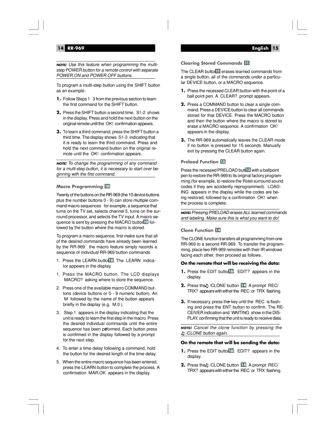 Rotel owner manual 14 RR-969, Macro Programming, Clearing Stored Commands, Preload Function, Clone Function 