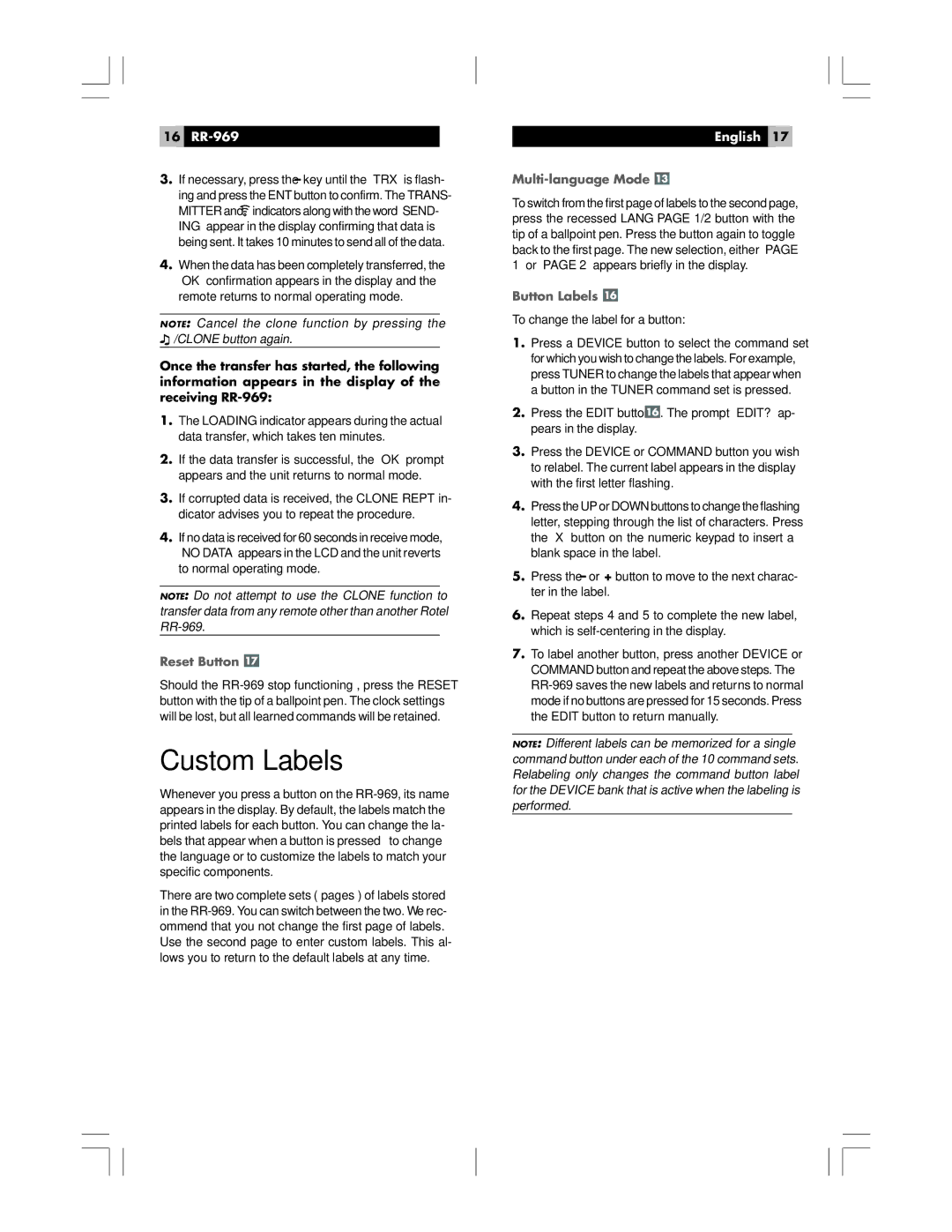 Rotel owner manual Custom Labels, 16 RR-969, Reset Button, Multi-language Mode, Button Labels 