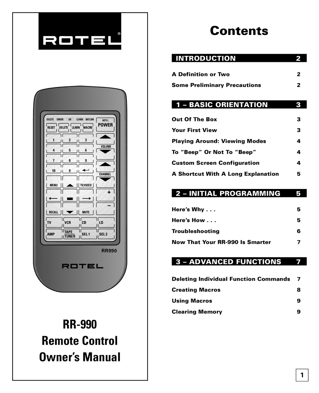 Rotel owner manual RR-990 Remote Control Contents 