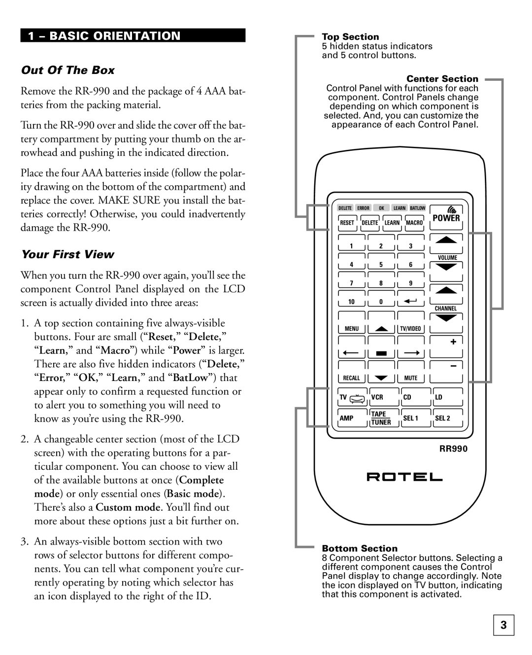 Rotel RR-990 owner manual Out Of The Box, Your First View, Top section containing five always-visible 