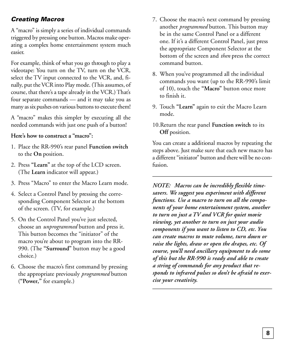 Rotel RR-990 owner manual Creating Macros, Here’s how to construct a macro 