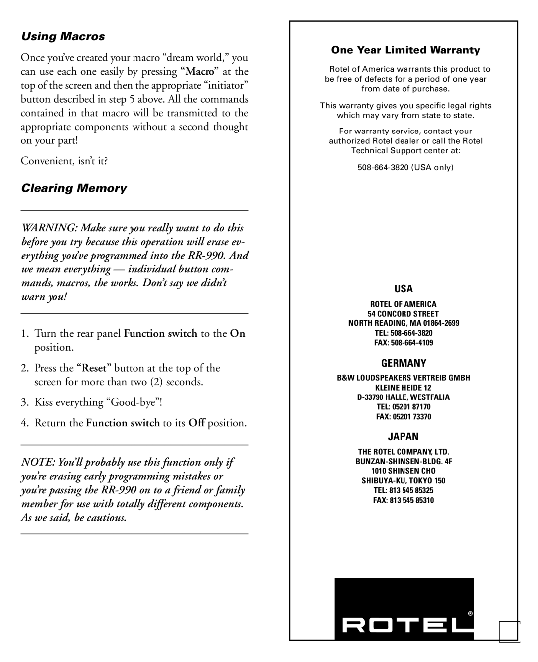 Rotel RR-990 owner manual Using Macros, Clearing Memory 